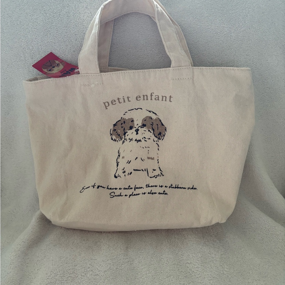 Cream Canvas Small Tote with Dog Illustration